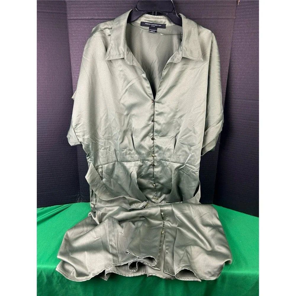 French Connection Womens Short Shirt Dress XS Olive Green Mini Belted Collared